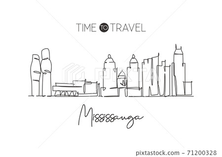 One continuous line drawing Mississauga city skyline, Canada. Beautiful landmark postcard. World landscape tourism travel vacation. Editable stylish stroke single line draw design vector illustration One continuous line drawing Mississauga city skyline, Canada. Beautiful landmark postcard. World landscape tourism travel vacation. Editable stylish stroke single line draw design vector illustration 71200328