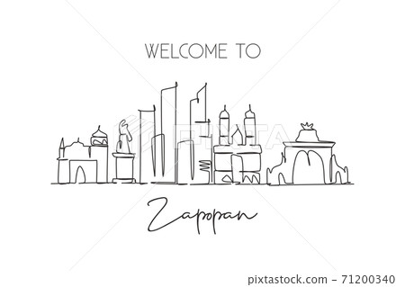 One continuous line drawing Zapopan city skyline Mexico. Beautiful landmark postcard print. World landscape tourism travel vacation. Editable stylish stroke single line draw design vector illustration One continuous line drawing Zapopan city skyline Mexico. Beautiful landmark postcard print. World landscape tourism travel vacation. Editable stylish stroke single line draw design vector illustration 71200340
