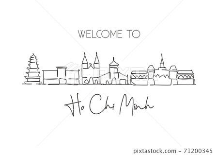 Single continuous line drawing Ho Chi Minh skyline, Vietnam. Famous city scraper landscape. World travel destination concept postcard. Editable stroke modern one line draw design vector illustration 71200345