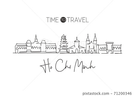 One single line drawing Ho Chi Minh city skyline, Vietnam. World town landscape home decor wall art poster print. Best place holiday destination. Trendy continuous line draw design vector illustration 71200346