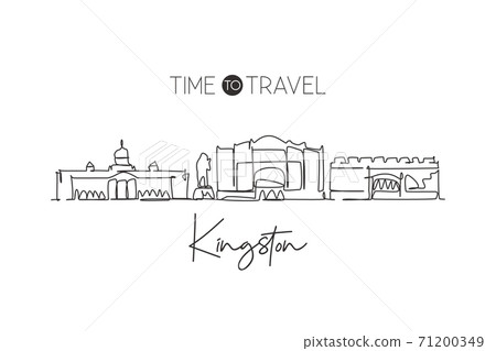One continuous line drawing Kingston city skyline Jamaica. Beautiful landmark home wall decor poster print. World landscape tourism travel vacation. Stylish single line draw design vector illustration 71200349