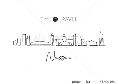 Single continuous line drawing Nassau skyline Bahamas. Famous city scraper landscape. World travel destination wall home decor poster print art concept. Modern one line draw design vector illustration Single continuous line drawing Nassau skyline Bahamas. Famous city scraper landscape. World travel destination wall home decor poster print art concept. Modern one line draw design vector illustration 71200360