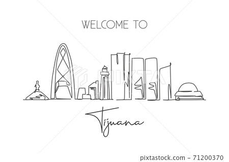 One continuous line drawing Tijuana city skyline, Mexico. Beautiful landmark postcard. World landscape tourism and travel vacation. Editable stylish stroke single line draw design vector illustration 71200370