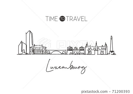 Single continuous line drawing Luxembourg city skyline. Famous city scraper landscape home wall decor poster print. World travel destination concept. Modern one line draw design vector illustration Single continuous line drawing Luxembourg city skyline. Famous city scraper landscape home wall decor poster print. World travel destination concept. Modern one line draw design vector illustration 71200393