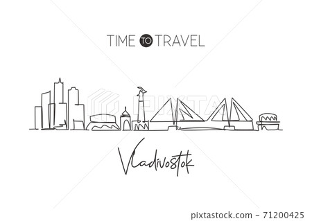 One continuous line drawing Vladivostok city skyline, Russia. Beautiful landmark home decor poster print. World landscape tourism travel vacation. Stylish single line draw design vector illustration 71200425