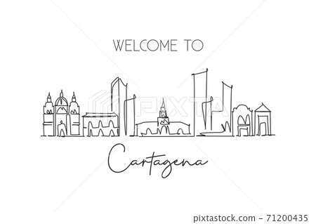 Single continuous line drawing of Cartagena skyline, Colombia. Famous city scraper landscape postcard. World travel destination concept. Editable stroke modern one line draw design vector illustration 71200435