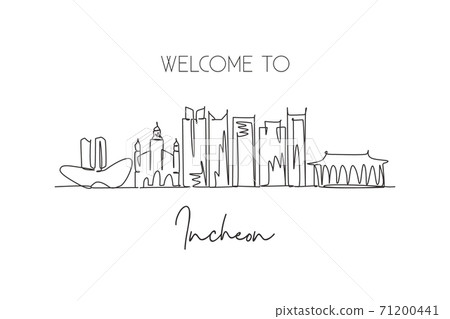 Single continuous line drawing Incheon skyline, South Korea. Famous city scraper landscape postcard. World travel destination concept. Editable stroke modern one line draw design vector illustration 71200441