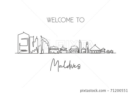 Single continuous line drawing Male skyline, Maldives. Famous city scraper landscape postcard print. World travel destination concept. Editable stroke modern one line draw design vector illustration Single continuous line drawing Male skyline, Maldives. Famous city scraper landscape postcard print. World travel destination concept. Editable stroke modern one line draw design vector illustration 71200551