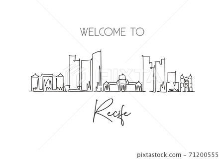 One single line drawing of Recife city skyline, Brazil. World historical town landscape postcard. Best place holiday destination. Editable stroke trendy continuous line draw design vector illustration One single line drawing of Recife city skyline, Brazil. World historical town landscape postcard. Best place holiday destination. Editable stroke trendy continuous line draw design vector illustration 71200555
