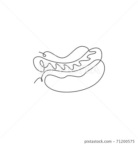 Single continuous line drawing of American hot dog logo label. Emblem fast food hotdog restaurant concept. Modern one line draw design vector illustration for cafe, shop or food delivery service 71200575
