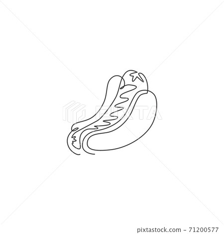 One continuous line drawing of fresh delicious American hot dog restaurant logo emblem. Fast food hotdog cafe shop logotype template concept. Modern single line draw vector design graphic illustration 71200577