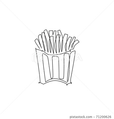 Single continuous line drawing of stylized french fries store logo label. Emblem fast food restaurant concept. Modern one line draw design vector illustration for cafe, shop or food delivery service Single continuous line drawing of stylized french fries store logo label. Emblem fast food restaurant concept. Modern one line draw design vector illustration for cafe, shop or food delivery service 71200626