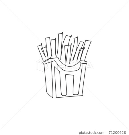 One continuous line drawing of fresh delicious American french fries restaurant logo emblem. Boxed fast food cafe shop logotype template concept. Modern single line draw design vector illustration One continuous line drawing of fresh delicious American french fries restaurant logo emblem. Boxed fast food cafe shop logotype template concept. Modern single line draw design vector illustration 71200628