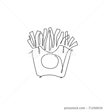 One continuous line drawing of fresh delicious American french fries restaurant logo emblem. Fast food cafe shop logotype template concept. Modern single line draw design vector graphic illustration One continuous line drawing of fresh delicious American french fries restaurant logo emblem. Fast food cafe shop logotype template concept. Modern single line draw design vector graphic illustration 71200630