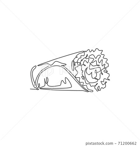 Single continuous line drawing of stylized Mexican burritos shop logo label. Emblem taco fast food restaurant concept. Modern one line draw design vector illustration for cafe or food delivery service 71200662
