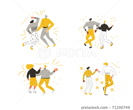 Holiday event. Two characters wearing in casual clothes dancing together isolated on a white background. Persons jumping and have fun. Vector flat illustration. 71200749