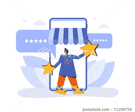 Feedback concept. Client review. Adult woman holding stars in his hands. Shops customer with mark sings near huge smartphone. Service rating. Vector flat illustration. Feedback concept. Client review. Adult woman holding stars in his hands. Shops customer with mark sings near huge smartphone. Service rating. Vector flat illustration. 71200759
