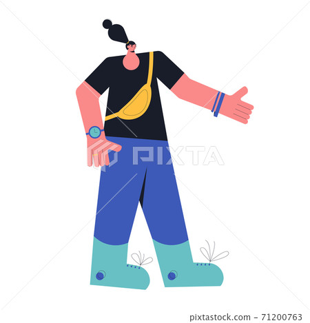 Teenager girl with crossbody bag. Young female character wearing in casual clothes standing isolated on a white background. Person with dark hair pointing with hand. Vector illustration. Teenager girl with crossbody bag. Young female character wearing in casual clothes standing isolated on a white background. Person with dark hair pointing with hand. Vector illustration. 71200763