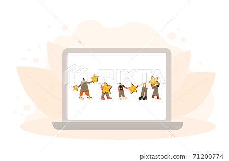 Customer review rating. Feedback concept. Happy clients standing with gold stars on laptop screen. Online store reputation. Shopping website ranking. Young adult people holding rate symbols in their 71200774