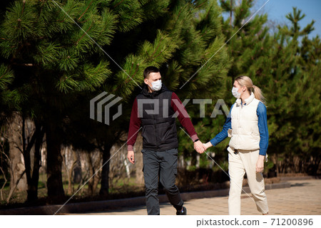 Man and woman wearing protective mask against transmissible infectious diseases and as protection against the flu. New coronavirus 2019-nCoV from China 71200896