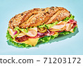 Sandwich with ham and vegetables on light blue  71203172