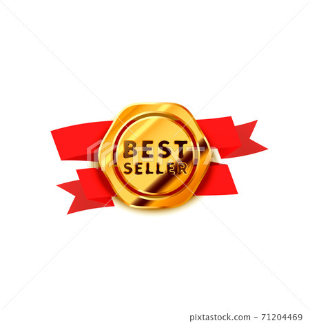 Glossy golden badge with red tape, best seller icon on white Glossy golden badge with red tape, best seller icon on white 71204469