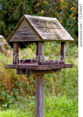 Wooden bird house on a wood pole 71204647
