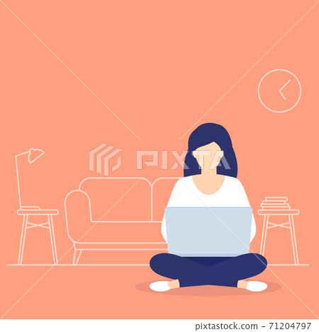 girl with laptop sitting in lotus pose and working 71204797