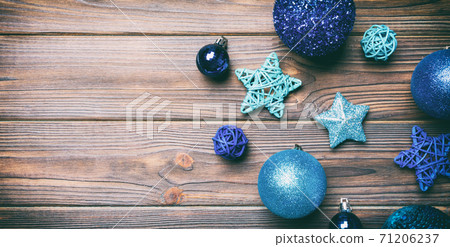 Creative set Banner of New Year baubles and decorations on wooden background. Top view of Christmas time concept. Copy space 71206237