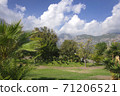 Mountain landscape in Turkey. Green trees and palms against the backdrop of high mountains and thick white clouds. 71206521