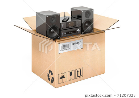 Home stereo system inside cardboard box, delivery concept. 3D rendering Home stereo system inside cardboard box, delivery concept. 3D rendering 71207323