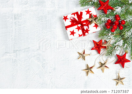 Christmas decoration flat lay template red stars Christmas decoration flat lay template red stars 71207387