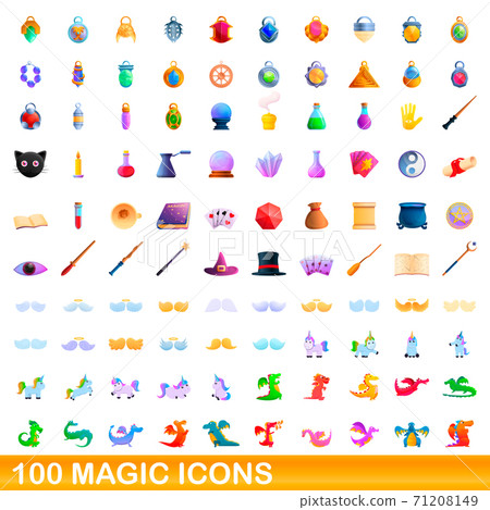 100 magic icons set, cartoon style 71208149