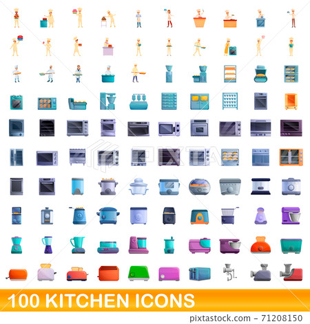100 kitchen icons set, cartoon style 71208150