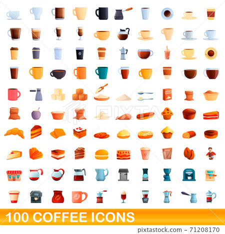 100 coffee icons set, cartoon style 71208170