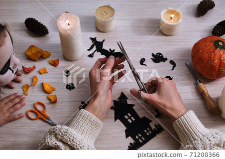 Top view of Halloween decorations, items making pumpkin craft Top view of Halloween decorations, items making pumpkin craft 71208366