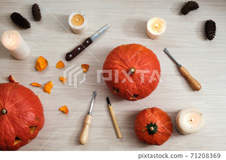 Top view of Halloween decorations, items making pumpkin craft Top view of Halloween decorations, items making pumpkin craft 71208369
