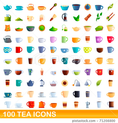 100 tea icons set, cartoon style 100 tea icons set, cartoon style 71208800