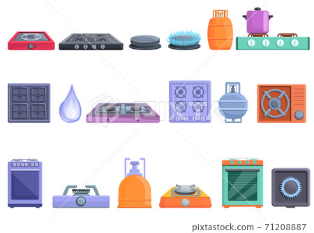 Burning gas stove icons set, cartoon style Burning gas stove icons set, cartoon style 71208887