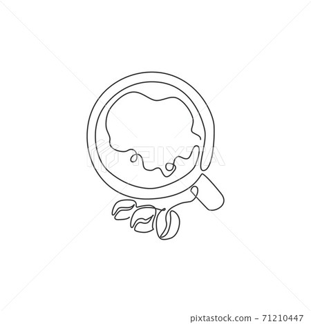 Single continuous line drawing of top view cup of coffee with beans logo label. Emblem coffee shop concept. Modern one line draw design vector illustration for cafe, shop or drink delivery service 71210447