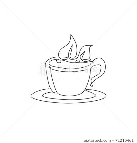 One continuous line drawing of fresh hot cup of tea with green natural tea leaves logo emblem. Beverage store and cafe logotype template concept. Modern single line draw design vector illustration 71210461