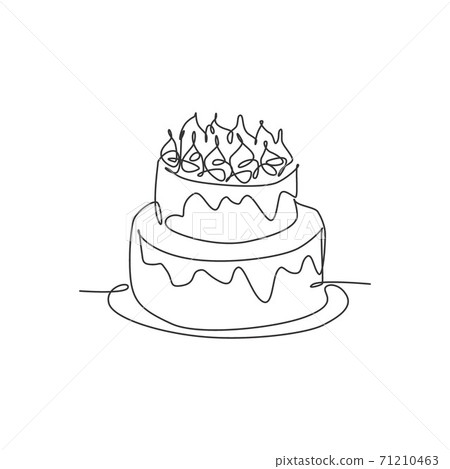 One single line drawing of fresh delicious home made birthday cake with candles above vector graphic illustration. Pastry confectionery badge concept. Modern continuous line draw design art 71210463