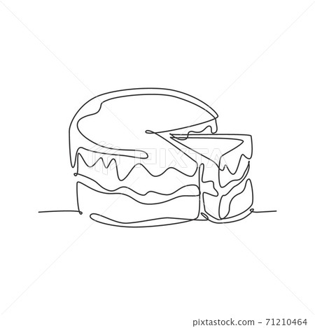One continuous line drawing of fresh delicious birthday with sliced cut cake tart art. Sweet decorative pastry concept. Modern single line draw design vector illustration graphic 71210464