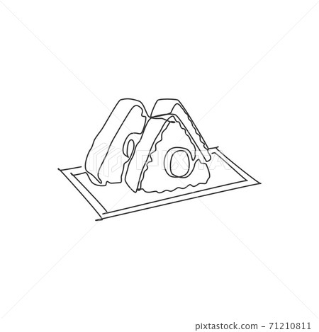 Single continuous line drawing of stylized Japanese onigiri logo label. Emblem seafood sushi restaurant concept. Modern one line draw design vector illustration for cafe, shop or food delivery service Single continuous line drawing of stylized Japanese onigiri logo label. Emblem seafood sushi restaurant concept. Modern one line draw design vector illustration for cafe, shop or food delivery service 71210811