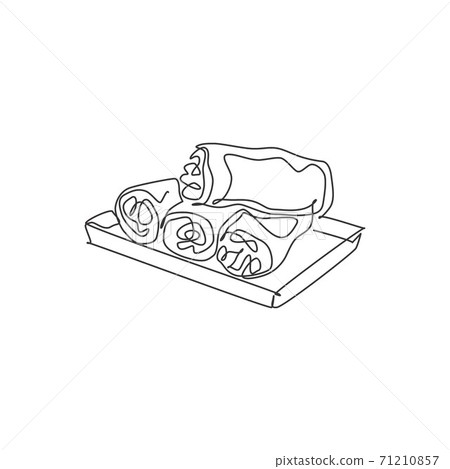 One single line drawing of fresh Asian spring rolls logo graphic vector illustration. Chinese snack food cafe menu and restaurant badge concept. Modern continuous line draw design street food logotype 71210857