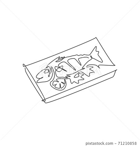 One single line drawing of fresh tasty delicious baked salmon fish on hot plate logo vector illustration. Seafood cafe menu and restaurant badge concept. Modern continuous line draw street food design 71210858