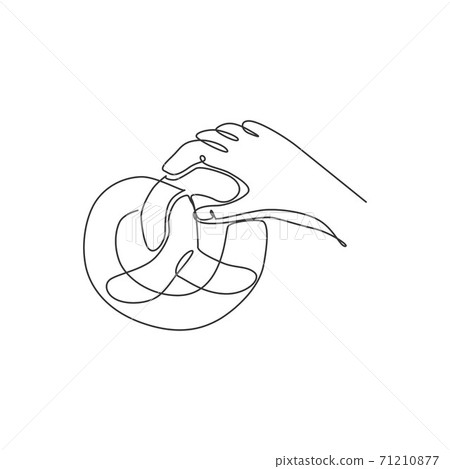 One continuous line drawing of fresh delicious Germany snack pretzel on hand logo emblem. Sweet cookies snack food shop logotype template concept. Modern single line draw design vector illustration 71210877