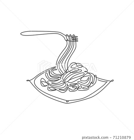 One single line drawing of fresh delicious Italian spaghetti logo vector illustration. Pasta fast food cafe menu and restaurant badge concept. Modern continuous line draw design street food logotype 71210879