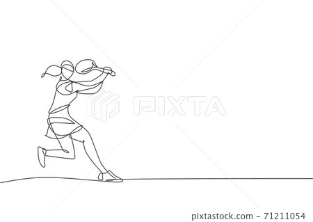 One continuous line drawing of young happy female tennis player hit the opponent's ball. Competitive sport concept. Dynamic single line draw design vector illustration for tournament promotion poster 71211054