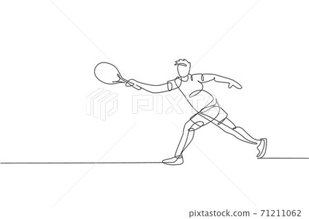 One single line drawing young energetic man tennis player hit the ball vector graphic illustration. Sport training concept. Modern continuous line draw design for tennis tournament banner and poster 71211062
